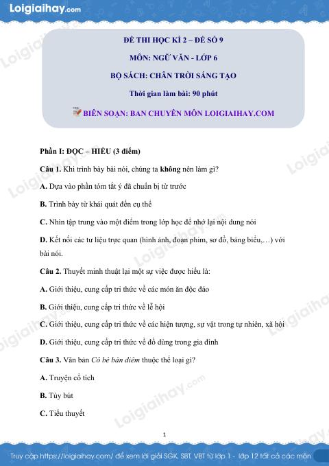 Đề thi học kì 2 Văn 6 Chân trời sáng tạo - Đề số 9